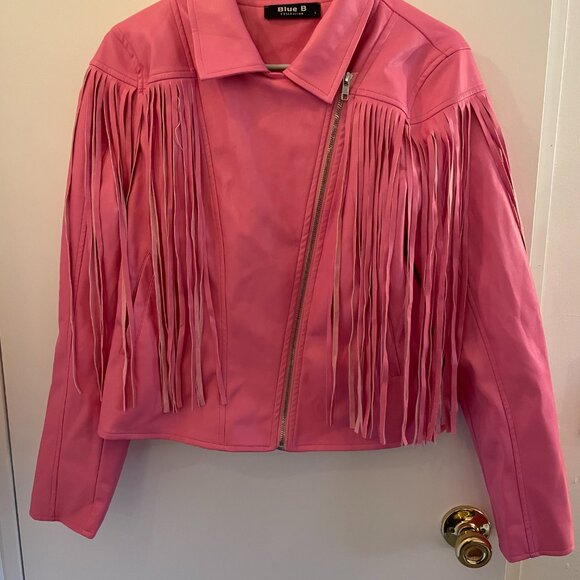 Pink Leather Jacket with Cropped Design and Fringe Detail - Picture 2 of 4